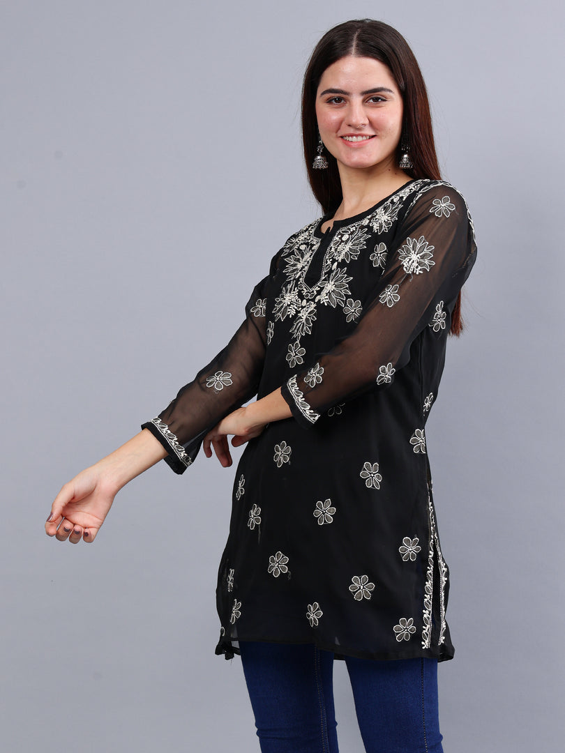 Seva Chikan Hand Embroidered Georgette Lucknowi Chikankari Top With Slip