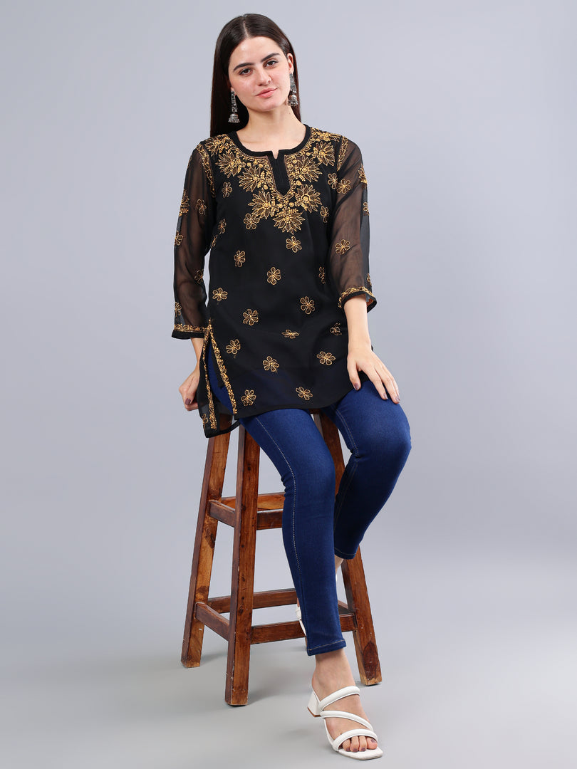 Seva Chikan Hand Embroidered Georgette Lucknowi Chikankari Top With Slip