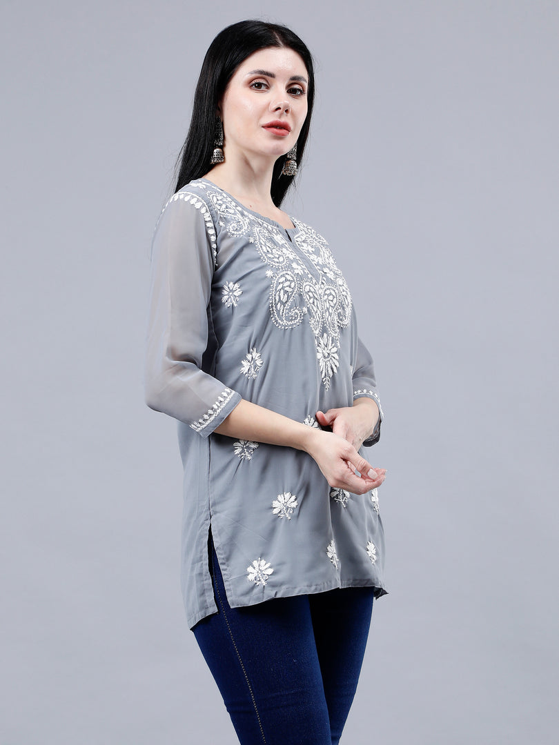 Seva Chikan Hand Embroidered Georgette Lucknowi Chikankari Top With Slip