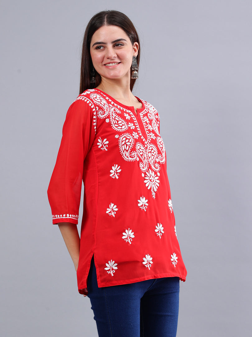 Seva Chikan Hand Embroidered Georgette Lucknowi Chikankari Top With Slip