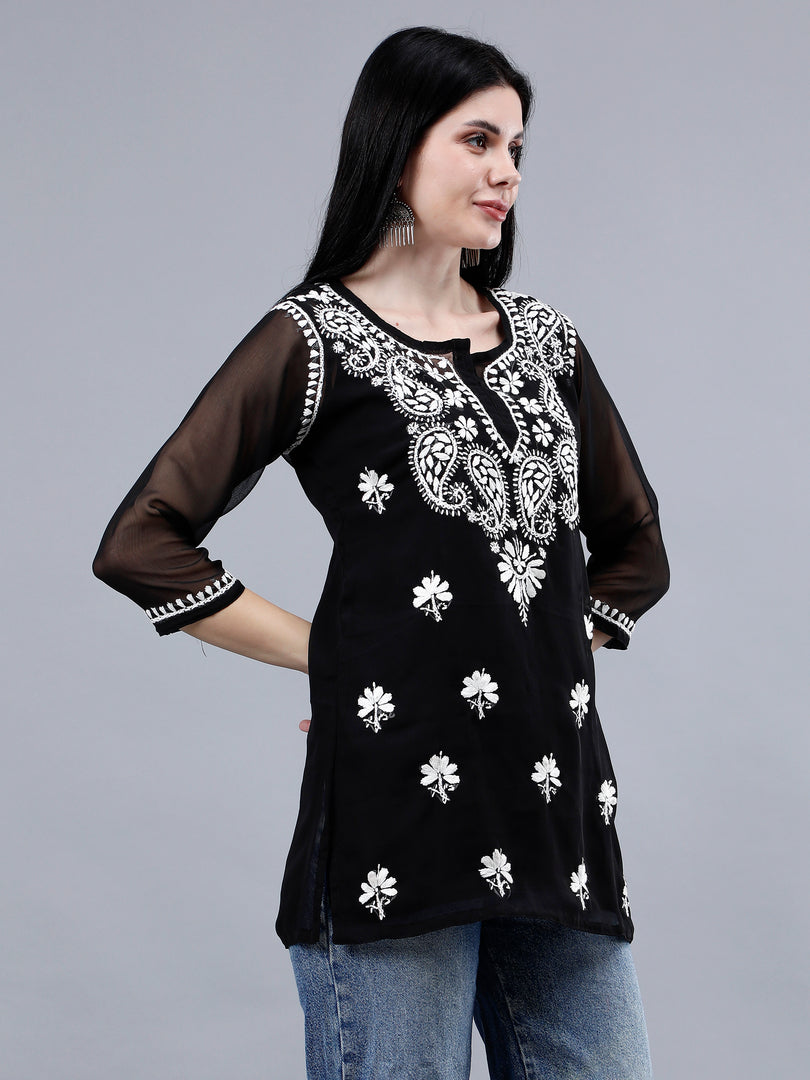 Seva Chikan Hand Embroidered Georgette Lucknowi Chikankari Top With Slip