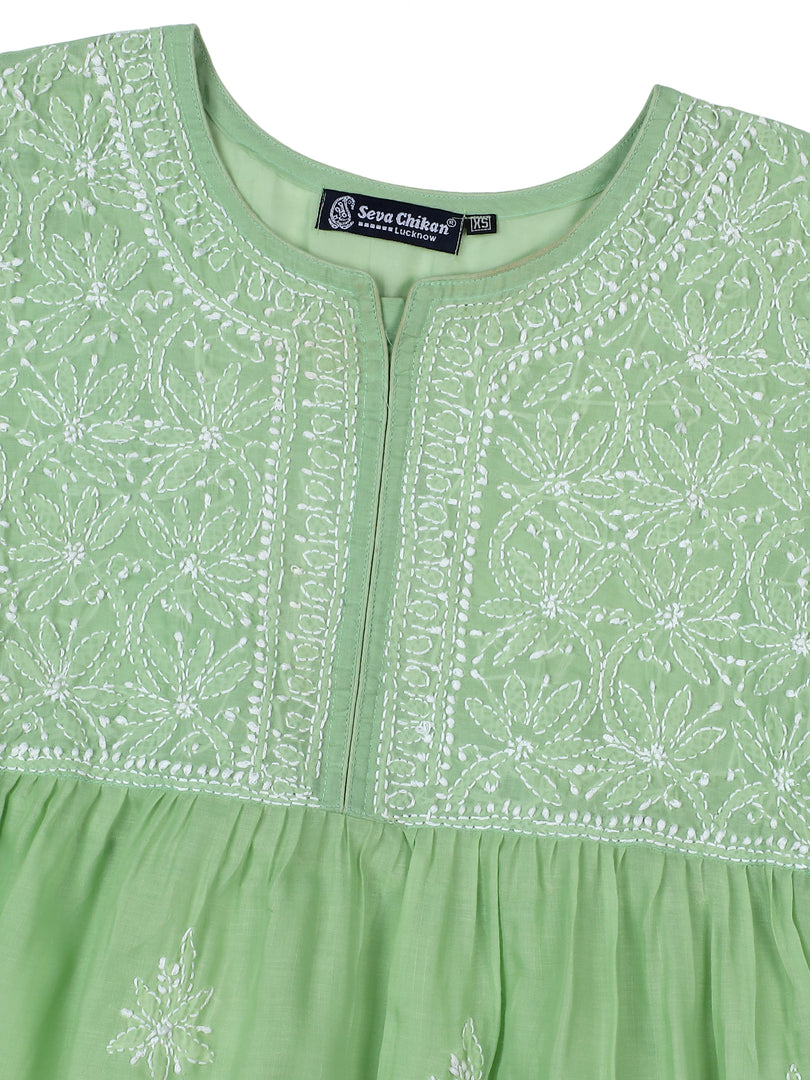 Seva Chikan Hand Embroidered Terivoil Cotton Lucknowi Chikan Green Top SCL9240