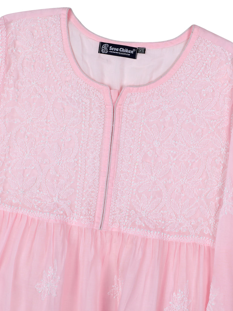 Seva Chikan Hand Embroidered Terivoil Cotton Lucknowi Chikan Pink Top SCL9241