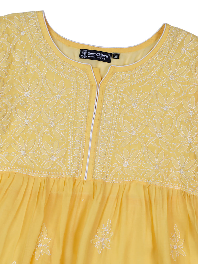 Seva Chikan Hand Embroidered Terivoil Cotton Lucknowi Chikan Yellow Top SCL9242