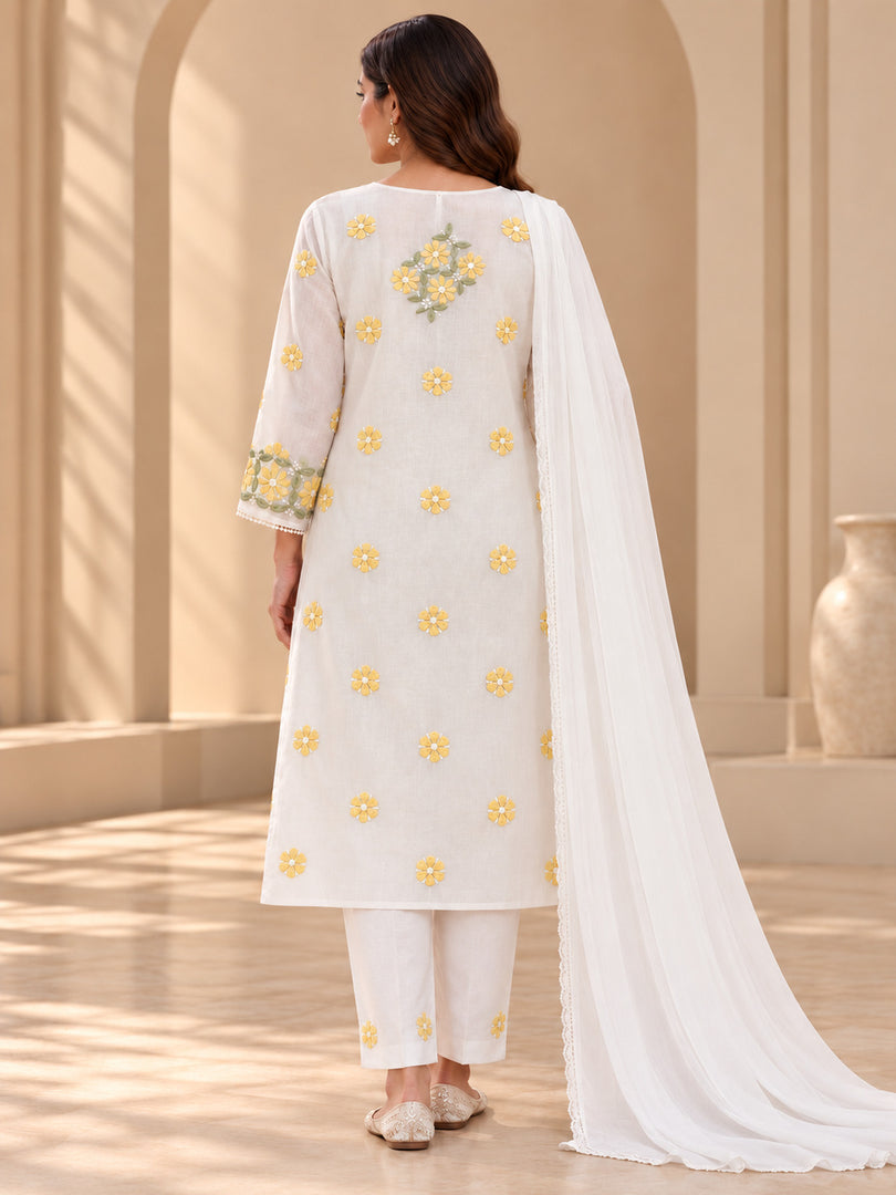 Seva Chikan Hand Embroidered White Terivoil Cotton Lucknowi Chikankari Unstitched Suit Piece-SEV15013