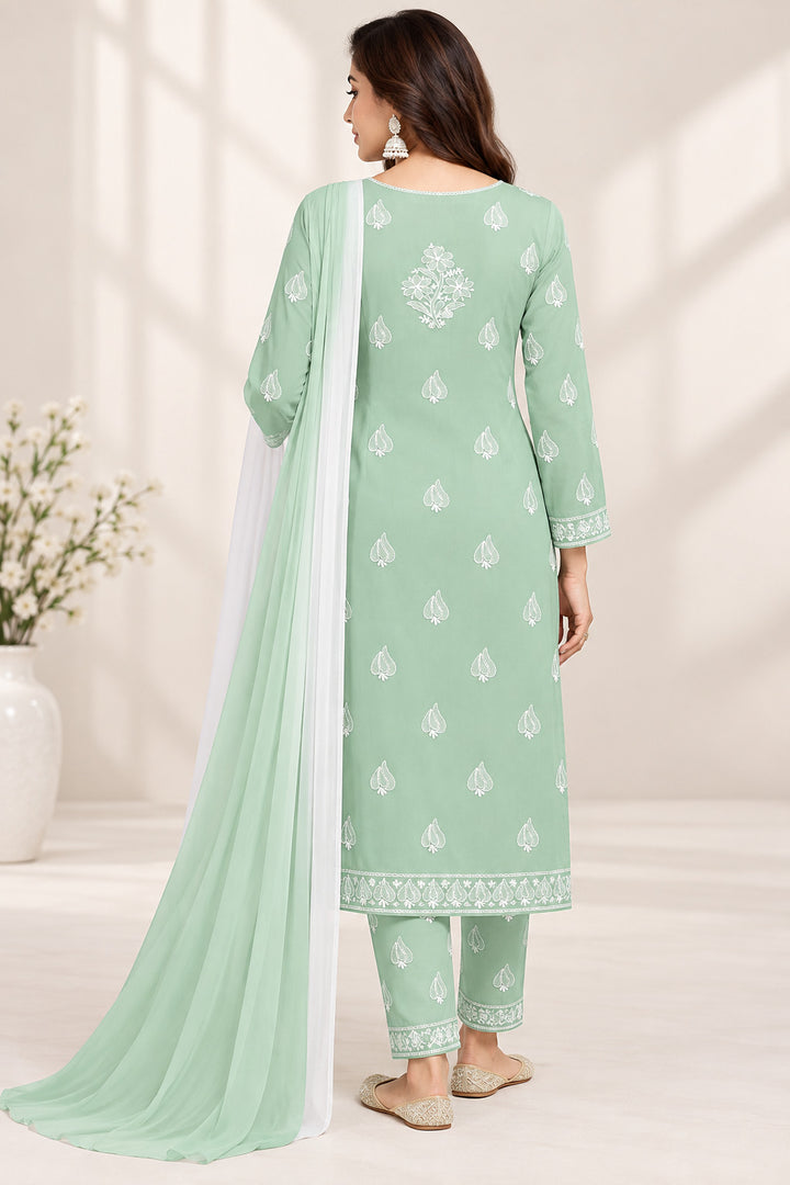 Seva Chikan Hand Embroidered Sea Green Cotton Lucknowi Chikankari Unstitched Suit Piece-SEV15037