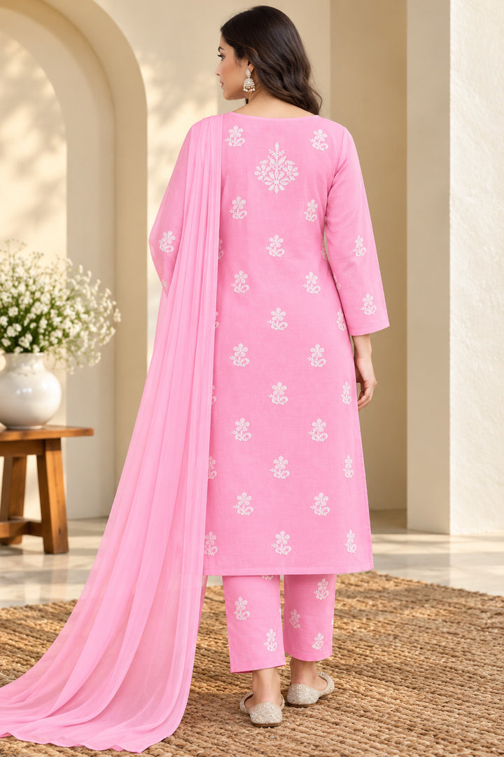 Seva Chikan Hand Embroidered Pink Terivoil Cotton Lucknowi Chikankari Unstitched Suit Piece-SCL13143