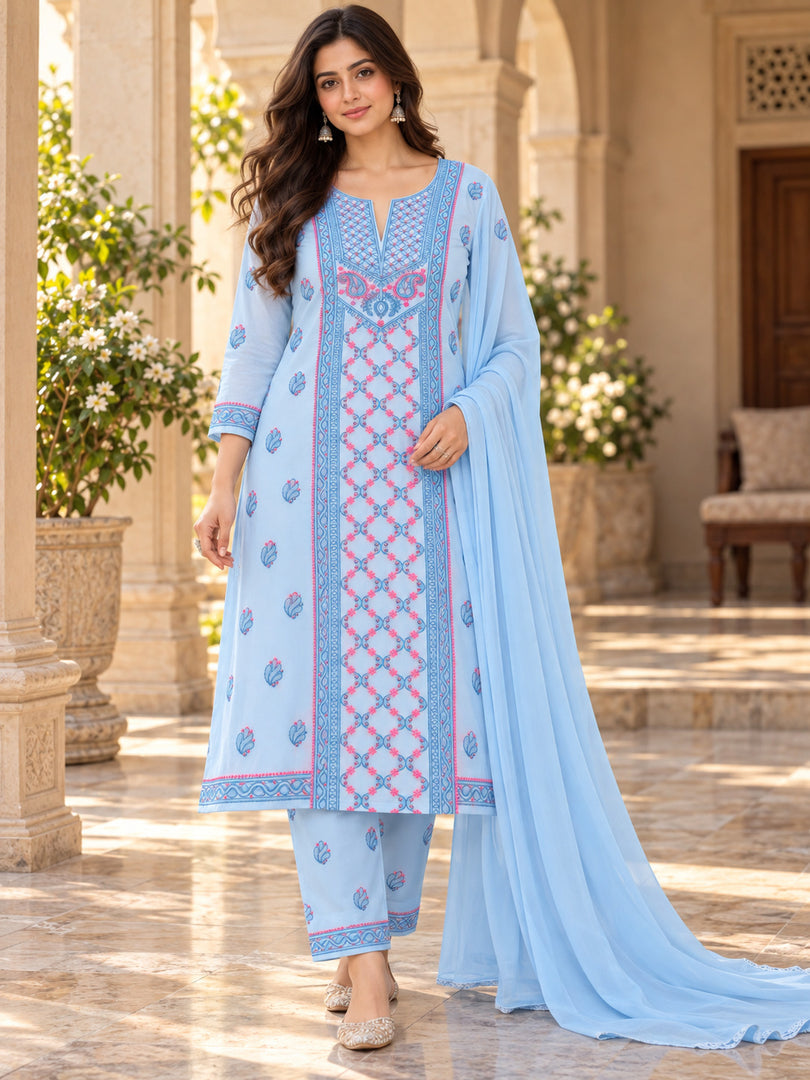 Seva Chikan Hand Embroidere Blue Terivoil Cotton Lucknowi Chikankari Unstitched Suit Piece-SEV15027