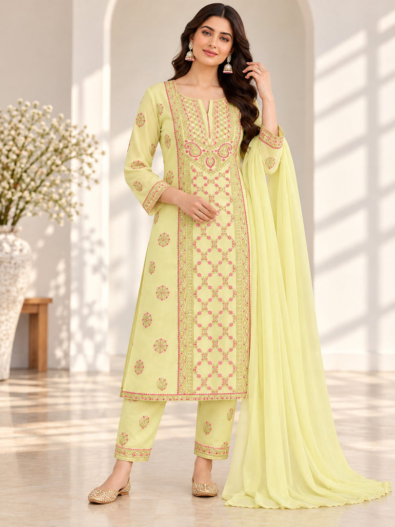 Seva Chikan Hand Embroidere Lemon Terivoil Cotton Lucknowi Chikankari Unstitched Suit Piece-SEV15025