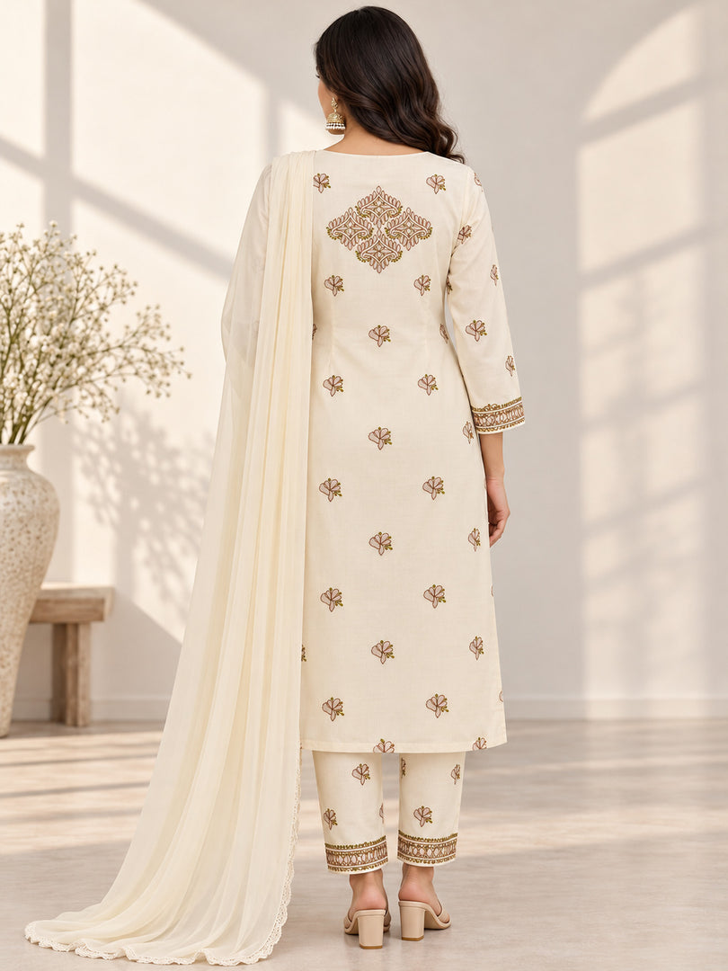 Seva Chikan Hand Embroidere Cream Terivoil Cotton Lucknowi Chikankari Unstitched Suit Piece-SEV15021