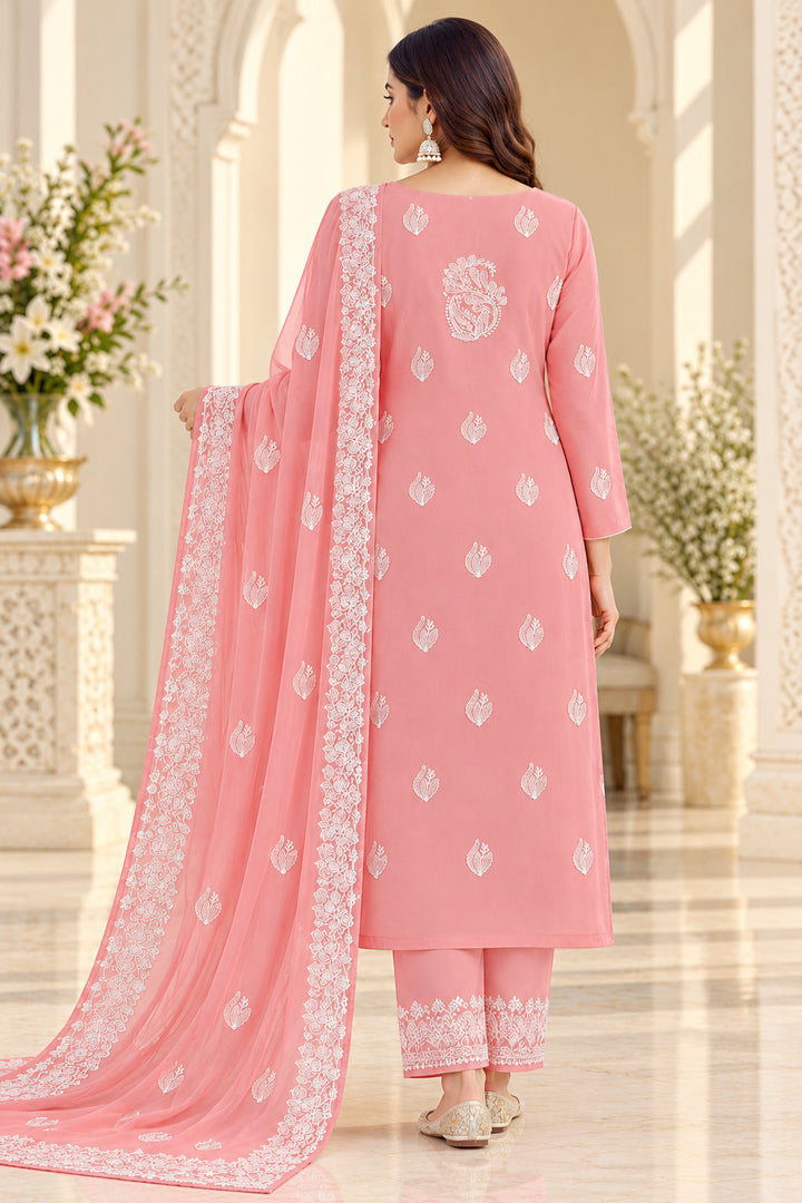 Seva Chikan Hand Embroidered Peach Georgette Lucknowi Chikankari Unstitched Suit Piece-SEV15041