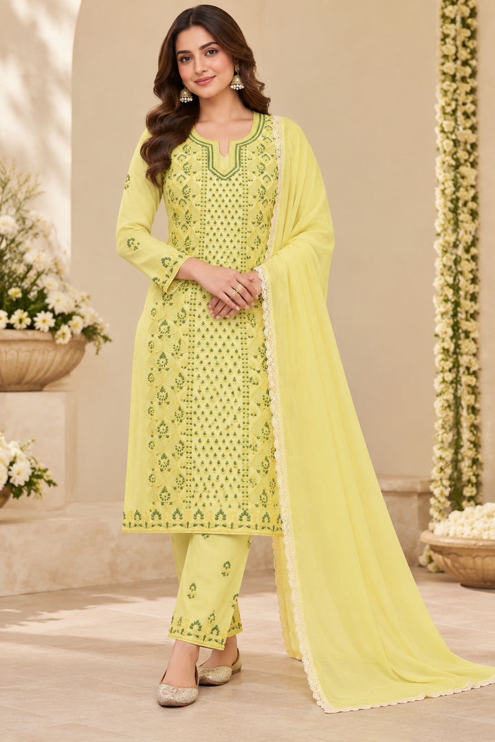 Seva Chikan Hand Embroidere Lemon Terivoil Cotton Lucknowi Chikankari Unstitched Suit Piece-SEV15015