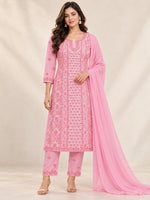 Load image into Gallery viewer, Seva Chikan Hand Embroidere Pink Terivoil Cotton Lucknowi Chikankari Unstitched Suit Piece-SEV15018