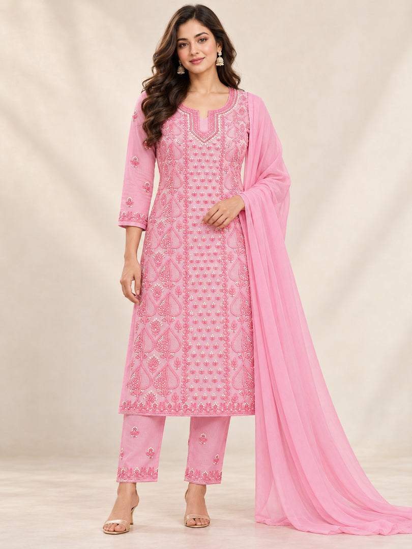 Seva Chikan Hand Embroidere Pink Terivoil Cotton Lucknowi Chikankari Unstitched Suit Piece-SEV15018