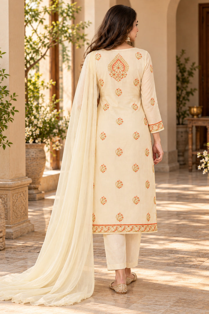 Seva Chikan Hand Embroidere Cream Terivoil Cotton Lucknowi Chikankari Unstitched Suit Piece-SEV15026