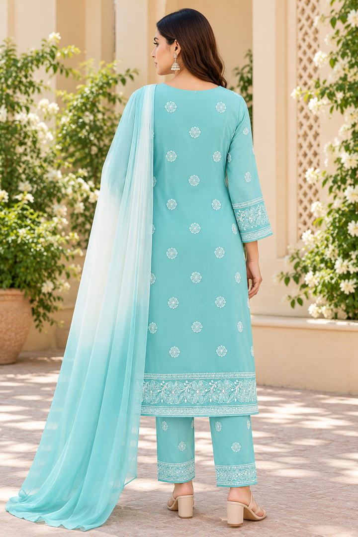 Seva Chikan Hand Embroidered Sea Green Cotton Lucknowi Chikankari Unstitched Suit Piece-SEV15031