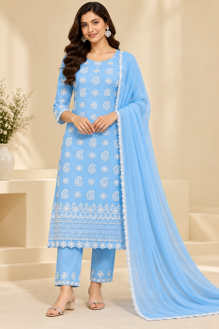 Seva Chikan Hand Embroidered Blue Cotton Lucknowi Chikankari Unstitched Suit Piece-SEV15056