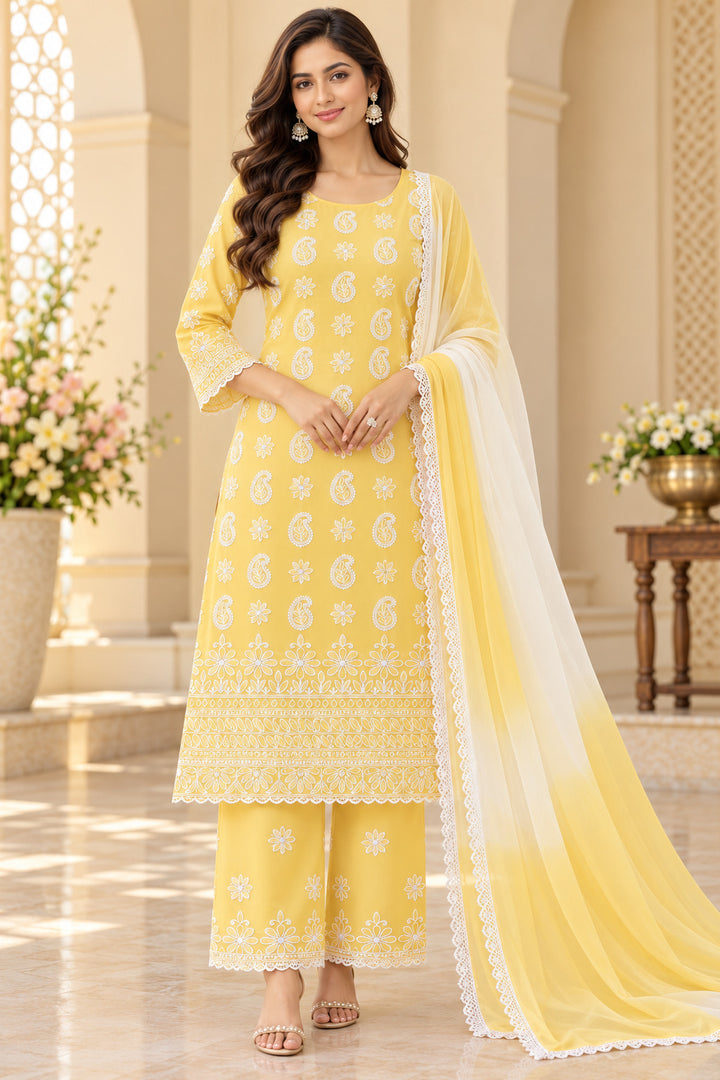 Seva Chikan Hand Embroidered Yellow Cotton Lucknowi Chikankari Unstitched Suit Piece-SEV15054