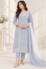 Load image into Gallery viewer, Seva Chikan Hand Embroidered Grey Cotton Lucknowi Chikankari Unstitched Suit Piece-SEV15039