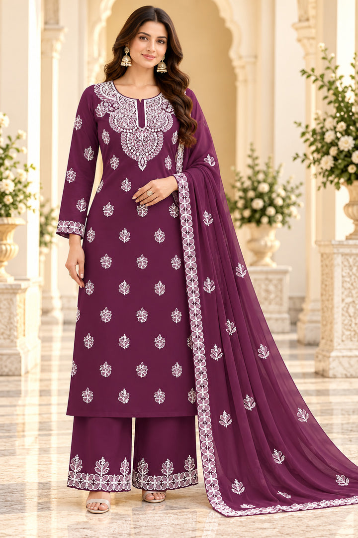Seva Chikan Hand Embroidered Wine Georgette Lucknowi Chikankari Unstitched Suit Piece-SEV15046