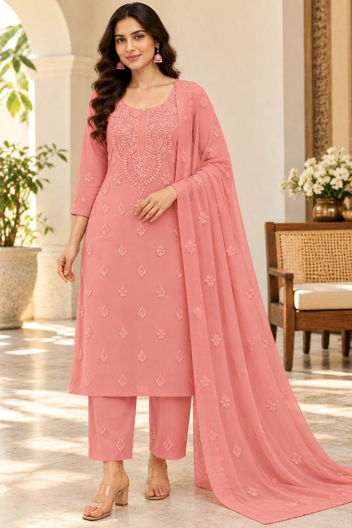 Seva Chikan Hand Embroidered Peach Georgette Lucknowi Chikankari Unstitched Suit Piece-SEV15034