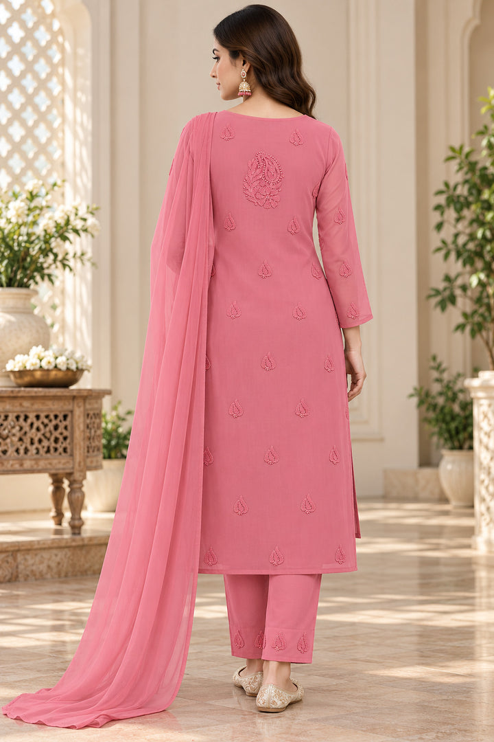 Seva Chikan Hand Embroidered Carrot Pink Georgette Lucknowi Chikankari Unstitched Suit Piece-SEV15033