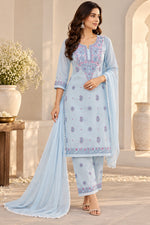 Load image into Gallery viewer, Seva Chikan Hand Embroidered Blue/Pink Terivoil Cotton Lucknowi Chikankari Unstitched Suit Piece-SEV15002