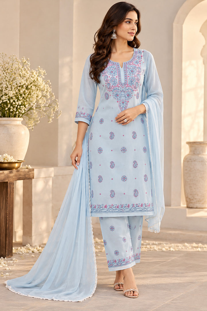 Seva Chikan Hand Embroidered Blue/Pink Terivoil Cotton Lucknowi Chikankari Unstitched Suit Piece-SEV15002