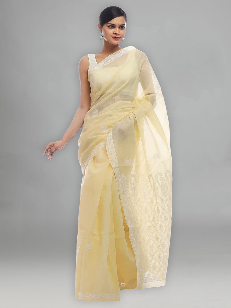 Seva Chikan Hand Embroidered Fawn Cotton Lucknowi Saree-SCL2318