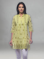 Load image into Gallery viewer, Seva Chikan Hand Embroidered Pista Green Cotton Lucknowi Chikan Long Top-SCL0198