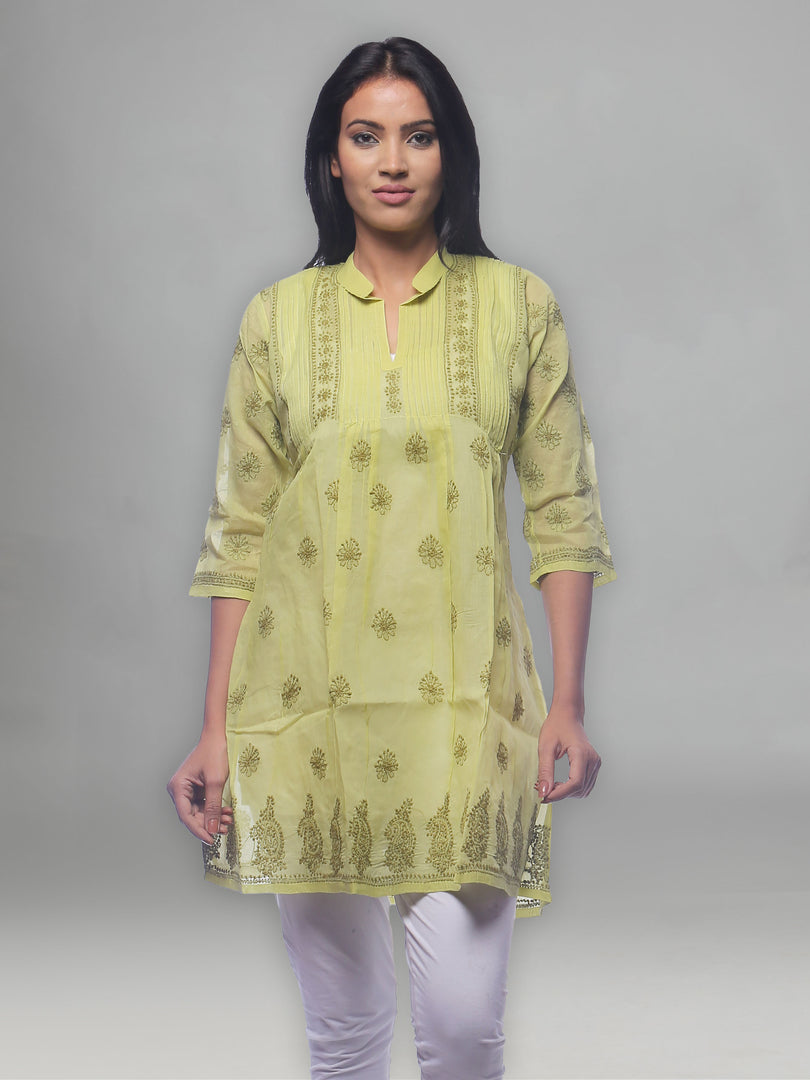Seva Chikan Hand Embroidered Pista Green Cotton Lucknowi Chikan Long Top-SCL0198