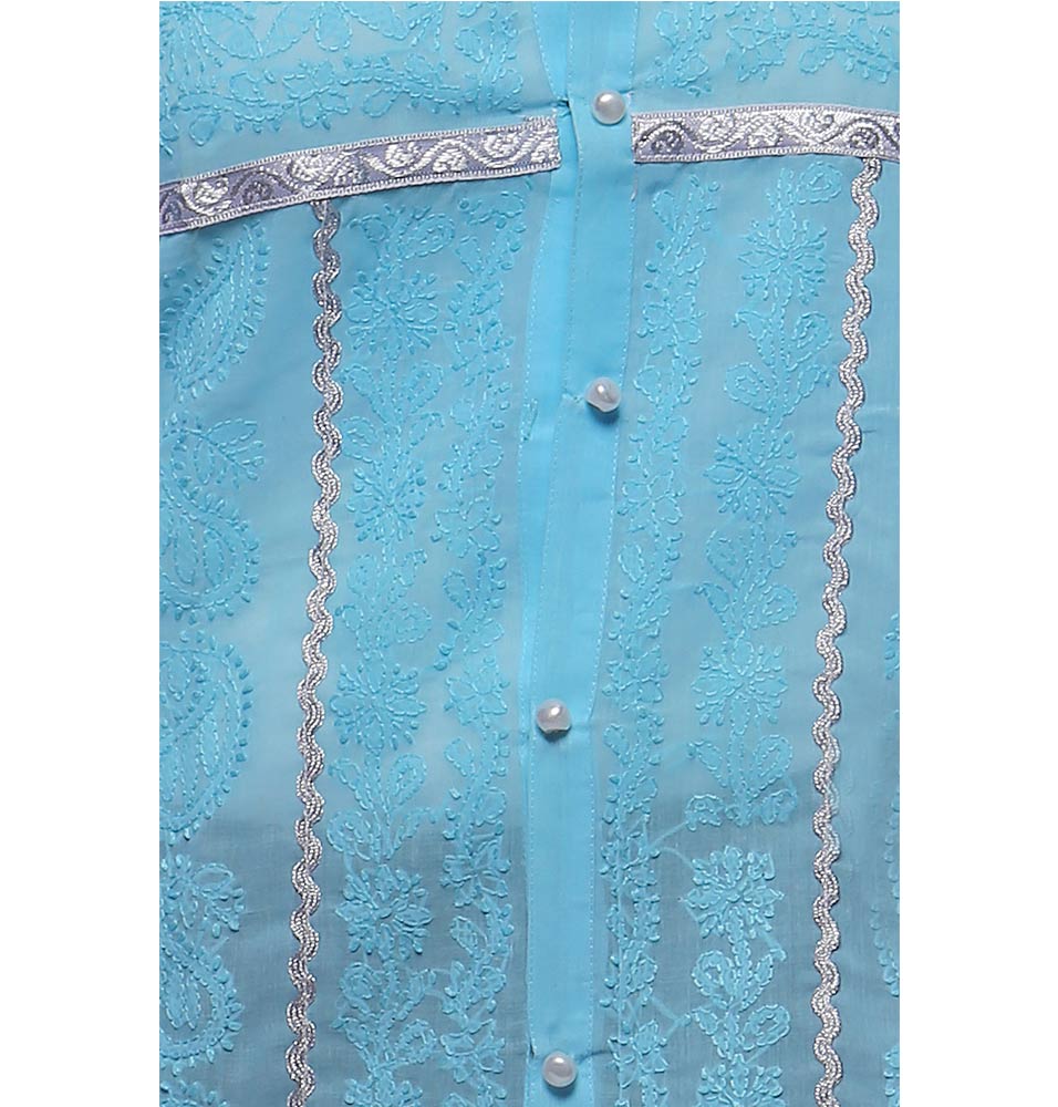 Seva Chikan Hand Embroidered Blue Cotton Lucknowi Chikankari Short Top - SCL0131