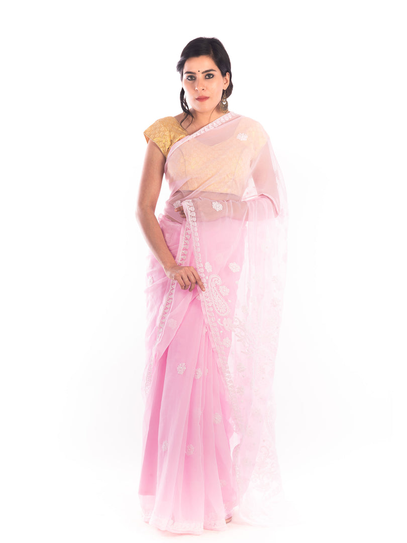 Seva Chikan Hand Embroidered Pink Georgette Lucknowi Saree-SCL1165