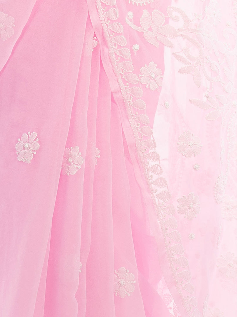 Seva Chikan Hand Embroidered Pink Georgette Lucknowi Saree-SCL1165